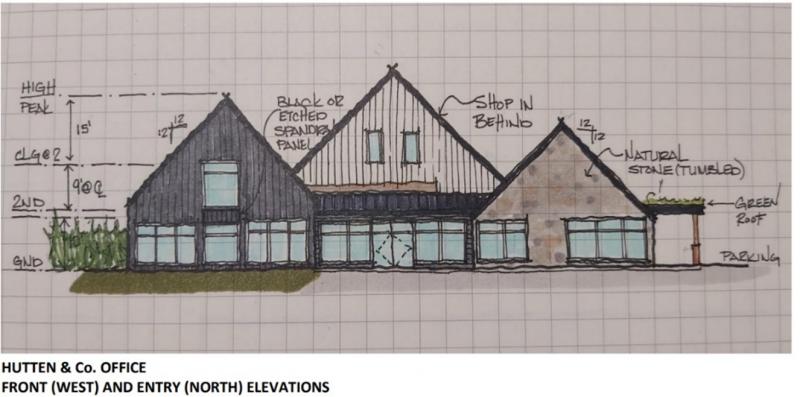 Drawing of the front view of the new Hutten and Co office