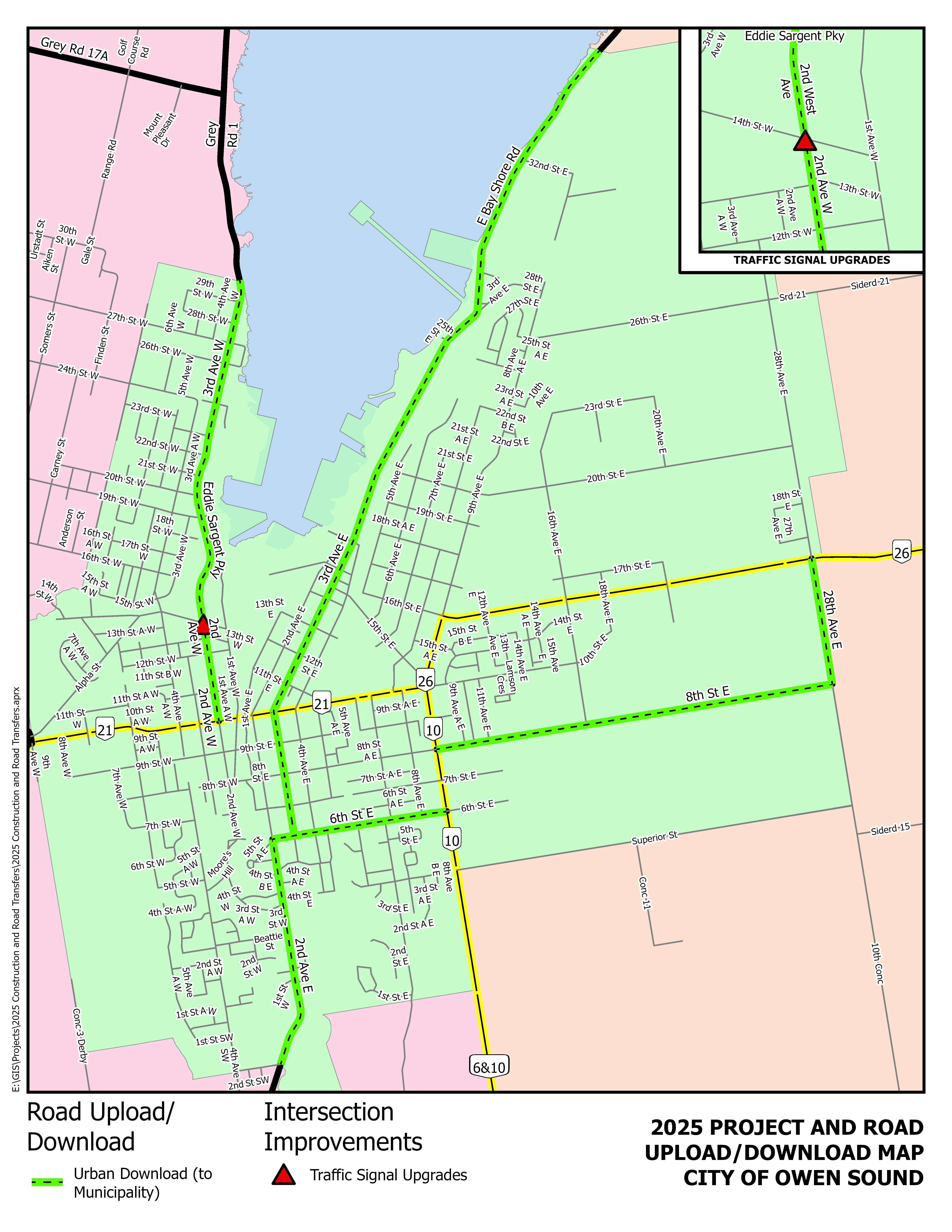 Map showing the streets scheduled for upload or download and construction projects in Owen Sound. 