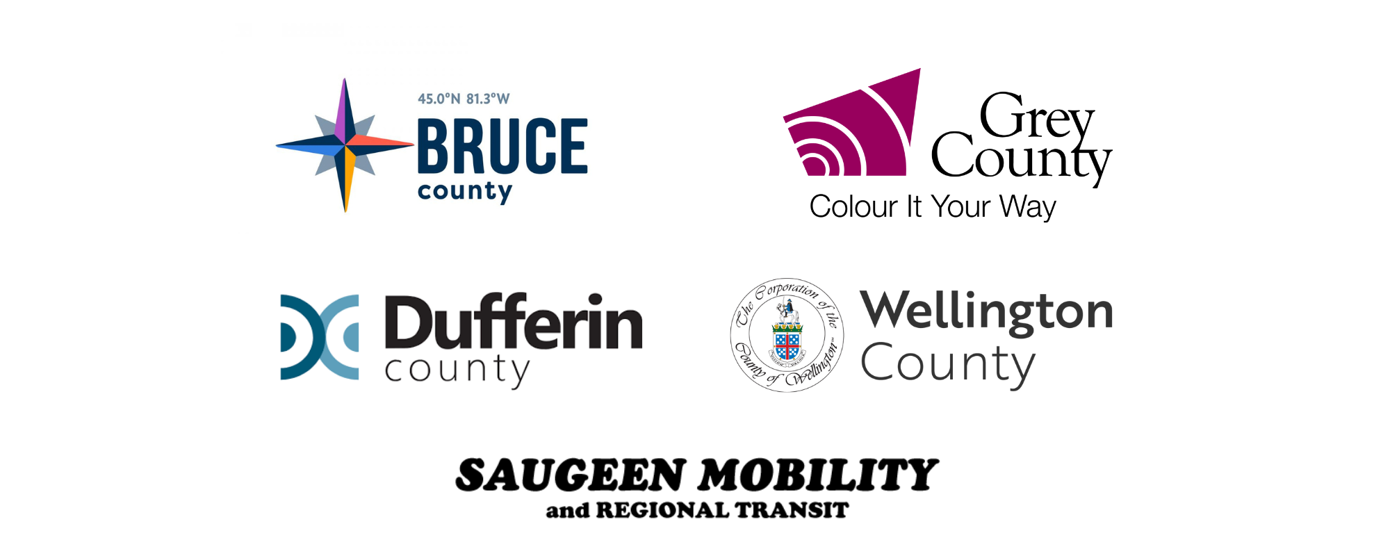 Bruce, Dufferin, Grey, Wellington and Saugeen Mobility logos