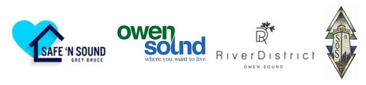 Partner logos of SOS, Downtown River District, Owen Sound, Safe N Sound