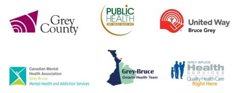 Logos for Grey County paramedics, Grey Bruce Public Health, Grey Bruce Health Services, United Way, CMHA Grey Bruce, Grey Bruce Ontario Health Team
