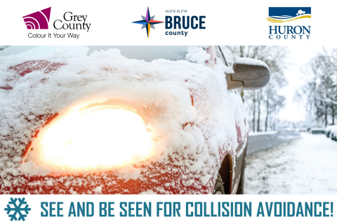 Drive Safe Arrive Safe Winter Campaign. Images shows snow covered car in winter with headlights turned on.