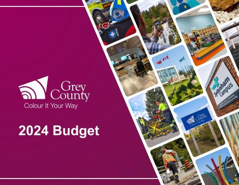 cover of the 2024 budget package with a collage of photos of Grey County services. 