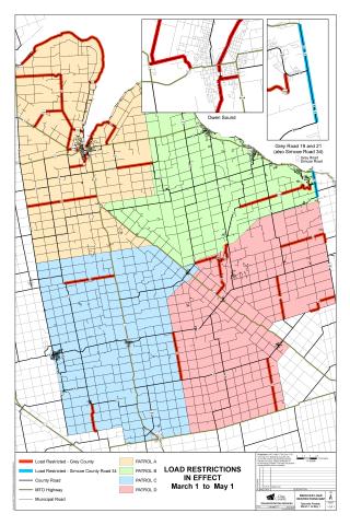 Map showing the location of Grey County roads which are subject to weight restrictions.