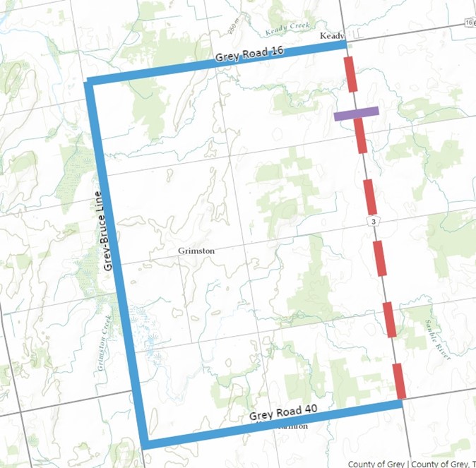 Map showing the location of the road closure of Grey Road 3