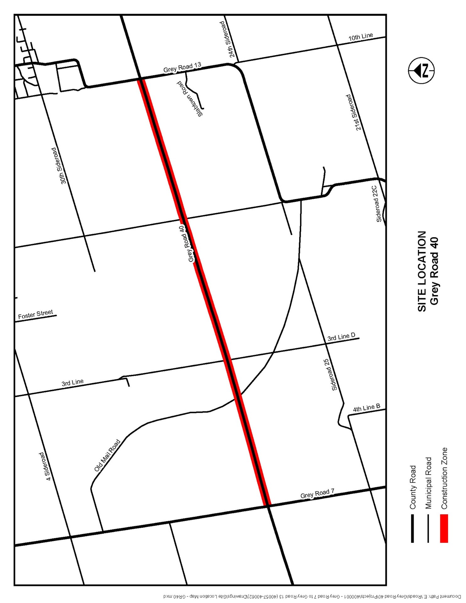 Map showing the construction area of Grey Road 40 project. 