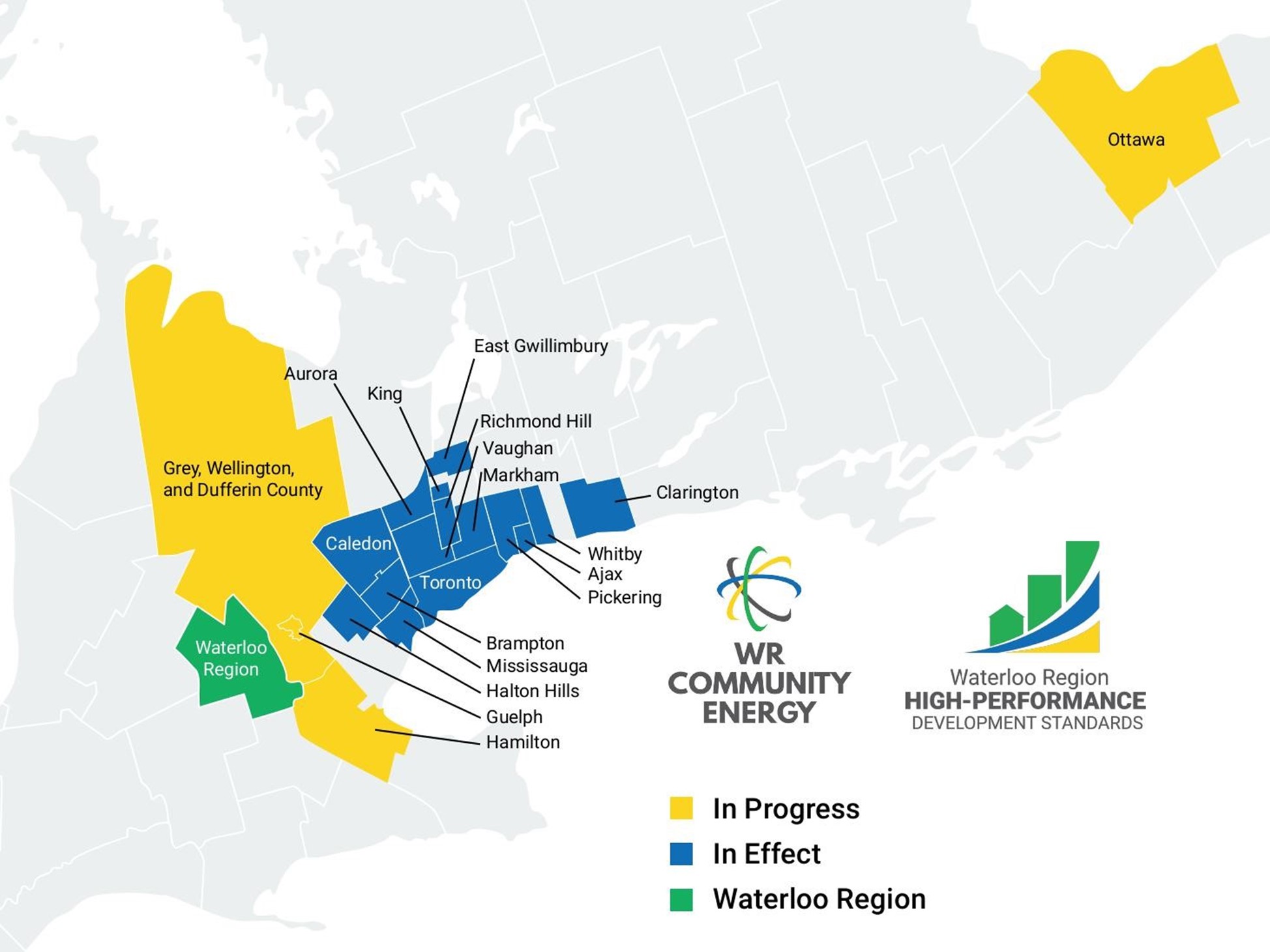 Map of Ontario municipalities that have development standards in effect or in development (Region of Waterloo, 2024)