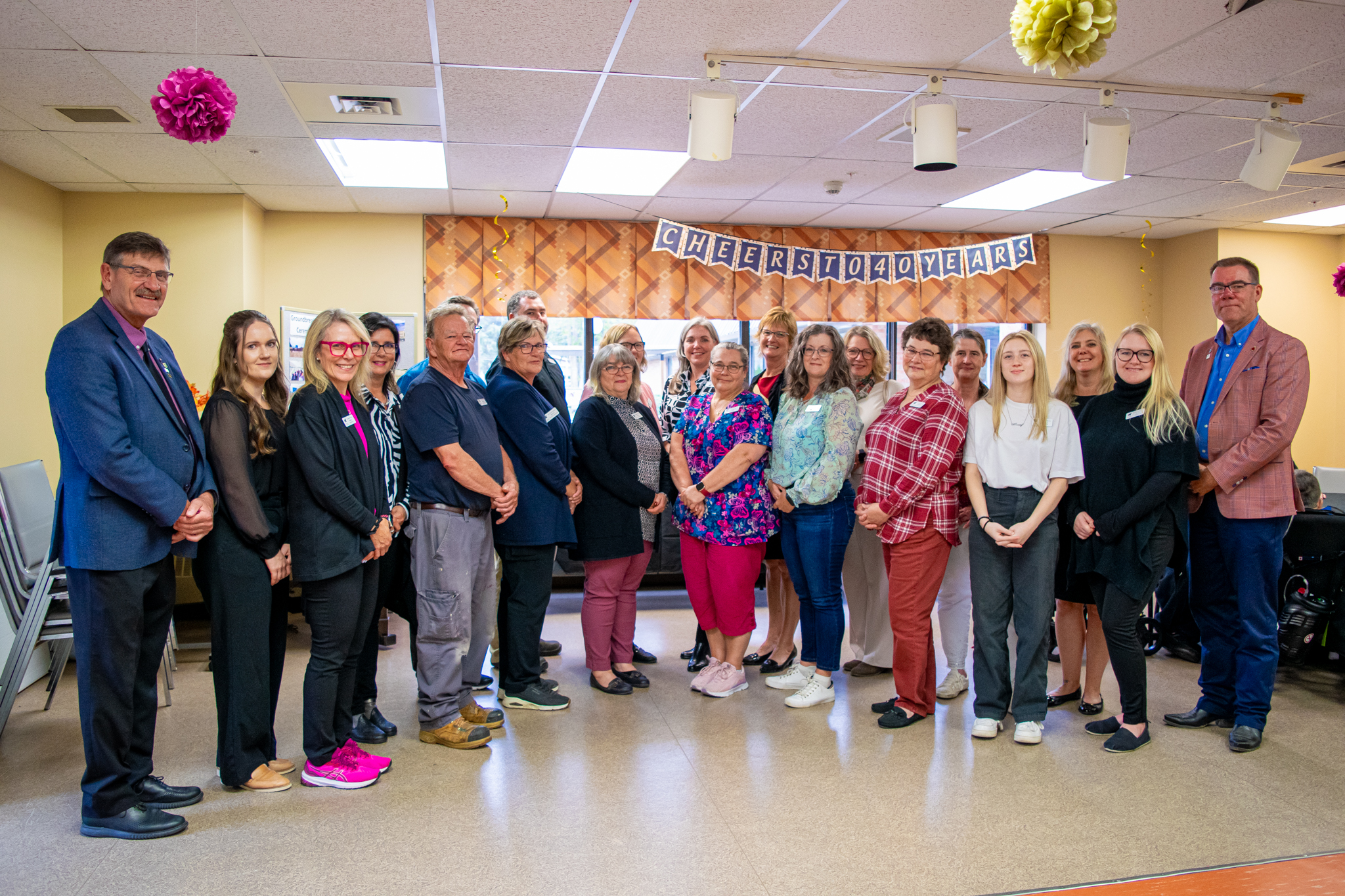 Group photo of Rockwood Terrace staff and Grey County staff with West Grey Mayor Kevin Eccles (far left) and Grey County Warden Brian Milne (far right)