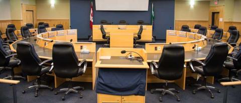 Photo of the Grey County Council Chambers horseshoe and podium