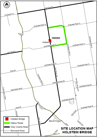 Map showing the planned detour for the Holstein bridge replacement