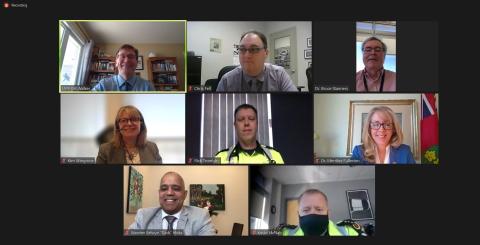 Zoom screen capture from the announcement, featuring Minister Fullerton, MPP Walker, Warden Hicks, Dr. Stanners and County staff