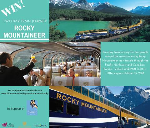 Postcard image showing various sights of the mountains and the Rocky Mountaineer train.  Text outlines auction details.