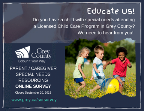 Promotional poster showing children playing. Text directs parents to the special needs resourcing survey.