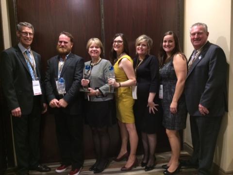 Bryan Plumstead (Grey County), Collin Field, Kim Wingrove (Grey County), Kaleena Sanford and Melissa Crannie (Owen Sound Transportation Company), Heather Aljoe (Grey County) and Grey County Warden Alan Barfoot at the 2016 Ontario Tourism gala