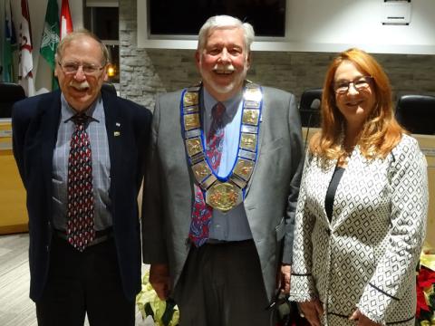 Warden Halliday stands with councillors Harley Greenfield and Gail Ardiel