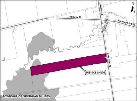 Map showing location of a development application at part lot 16 concession 5 in georgian bluffs. 