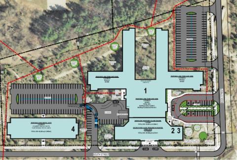 Aerial image of the site with a drawing showing the layout of the planned LTC and assisted living facility. 