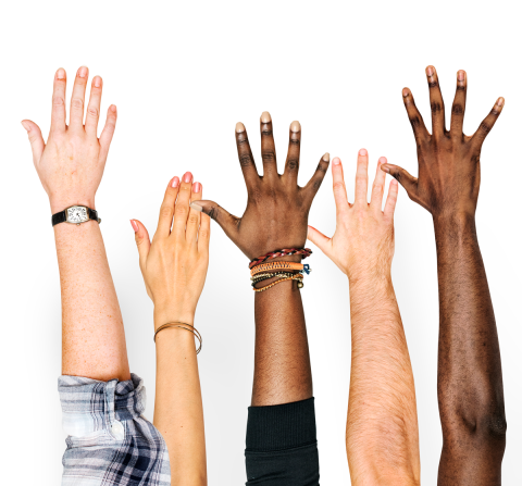 diverse colours of arms raised in the air volunteering