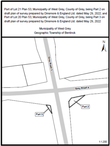 aerial image of the intersection of Grey Road 3 and 4 and the lands that are subject to the expropriation application. 