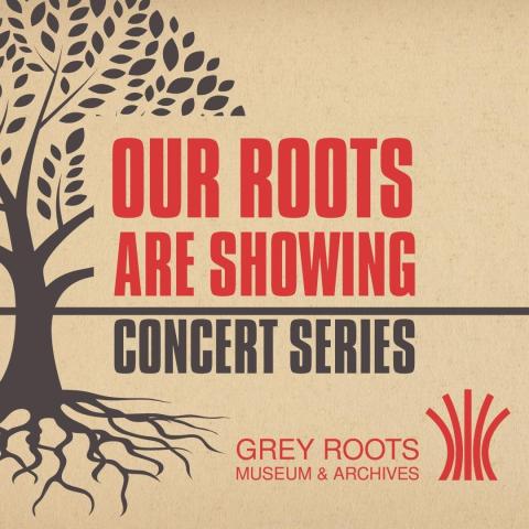 A beige banner with bold text declaring "Our Roots Are Showing Concert Series".