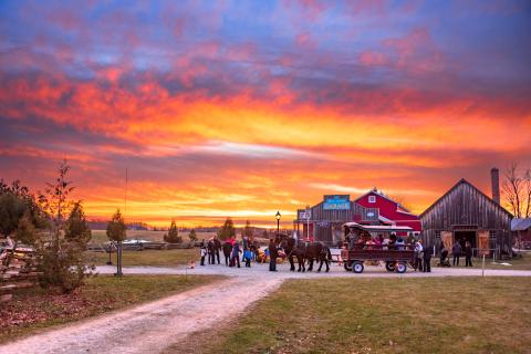 Riders board a horse-drawn wagon during a vibrant sunset.