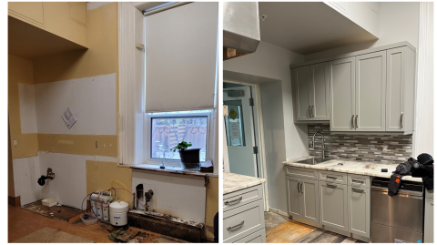 Before and after photo of a renovated kitchen at The Women's Centre.  