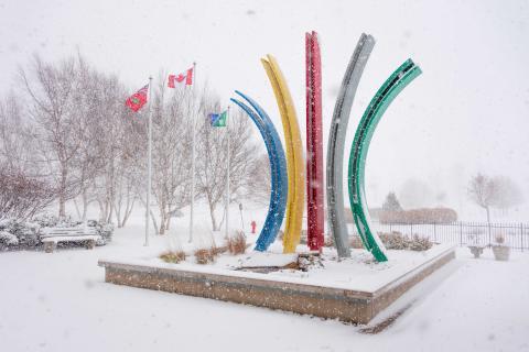 Snow falling at the entrance to Grey Roots Museum & Archives