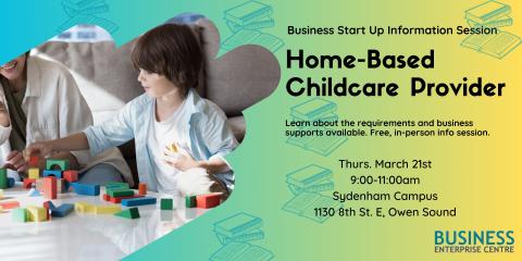 Home-Based Childcare Provider event listing- a dark haired young child plays with blocks beside a female caregiver.