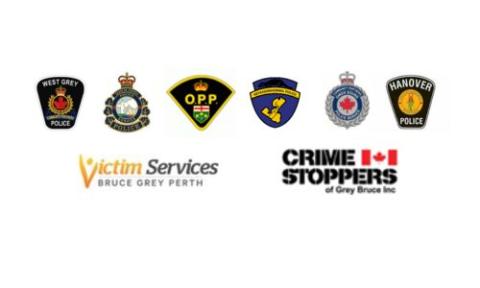 Logos of Victim Services, Crime Stoppers, Owen Sound Police, Neyaashiinigmiing, Saugeen Shores, West Grey, Hanover, and Ontario provincial police