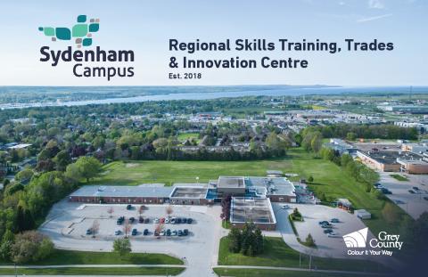 The cover of the Sydenham Campus promotional booklet that includes an aerial photo of the facility with the Owen Sound harbour in the distance.