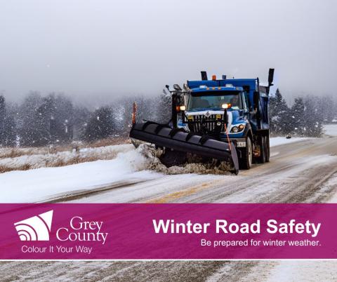 Winter Road Safety graphic showing a snow plow driving in snowy conditions. 