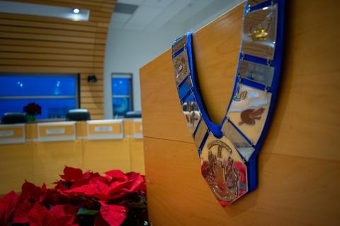 Grey County Chain of Office on the podium in the Council Chamber. 