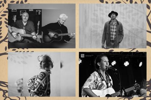 Four black and white images of musicians, some play guitars, others pose looking at the camera.