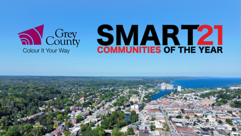 Aerial photo of the City of Owen Sound with the text Smart21 Communities of the Year 